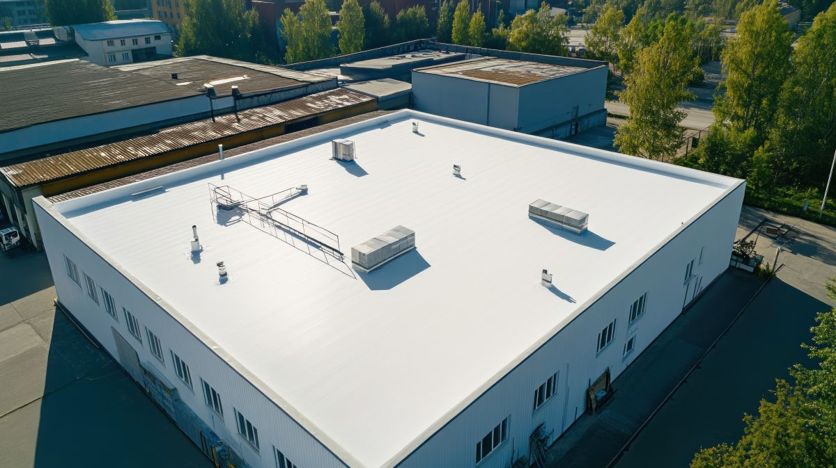 Aerial view of a flat roof on a Minneapolis commercial building — TPO / EPDM territory