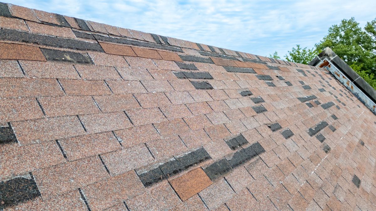 Minneapolis roof with multiple missing shingles after a storm event