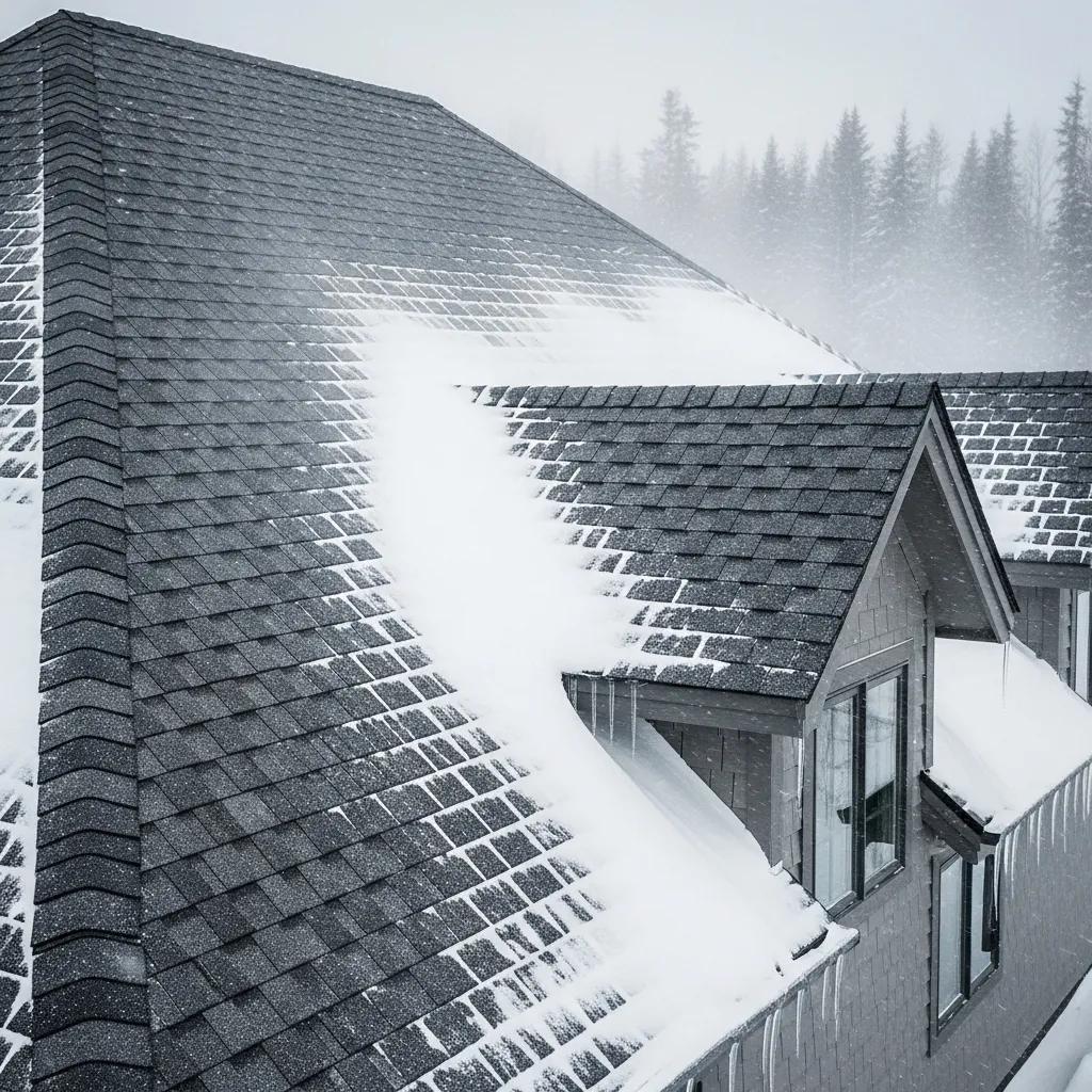 Architectural shingles on a roof during a snowstorm demonstrating durability in harsh weather