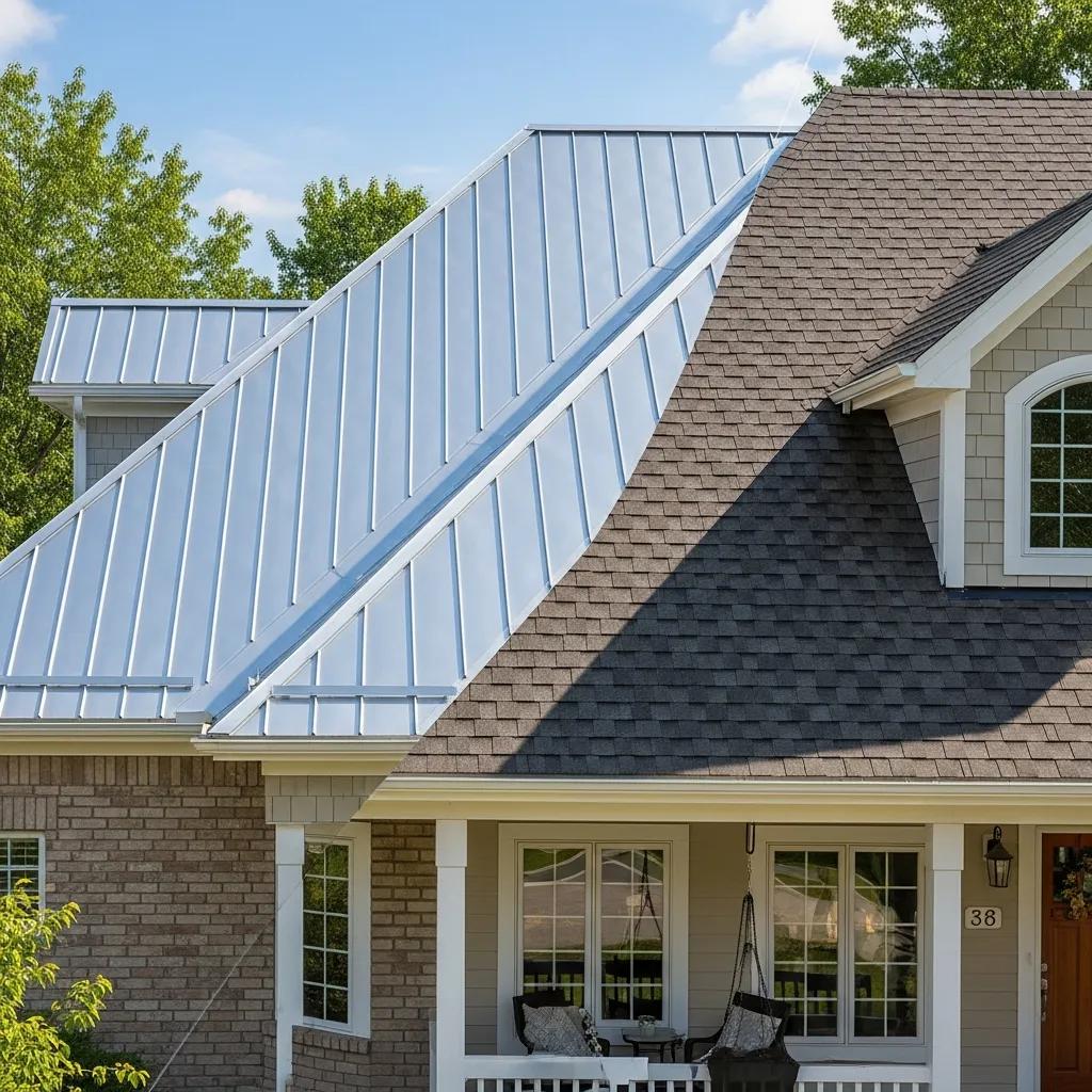 Side-by-side comparison of a metal roof and asphalt shingles on a suburban Minneapolis home