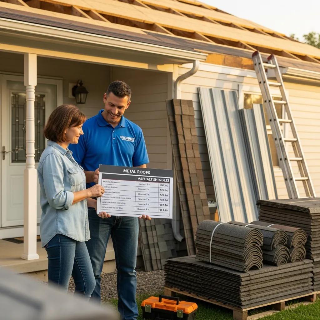Contractor walking a Minneapolis homeowner through cost differences between metal and asphalt roofing