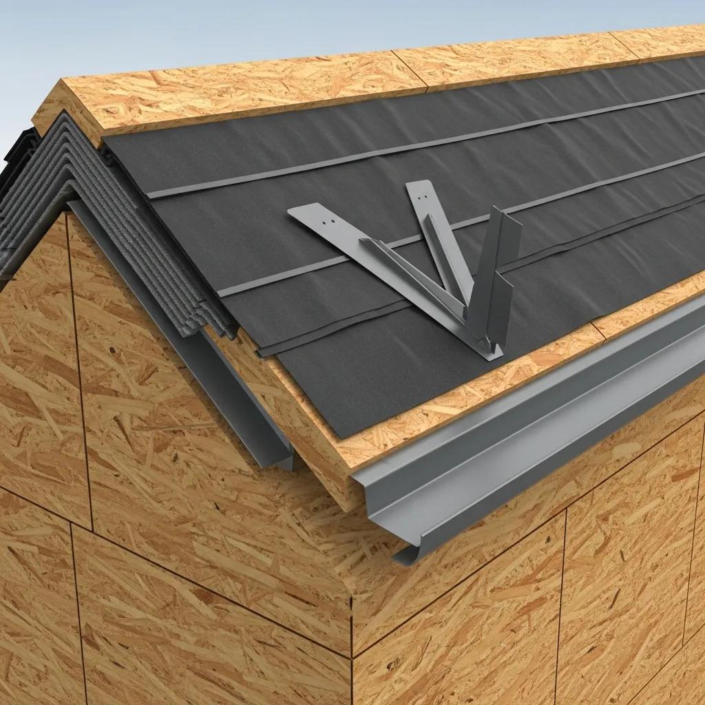 Cross-section of a Minneapolis roof showing decking, ice-and-water shield, underlayment, and flashing