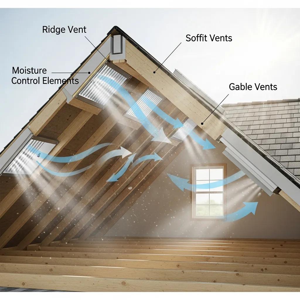 Roof ventilation systems in an attic — soffit, ridge, and box vents promoting air circulation