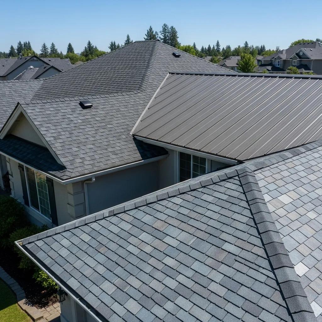 Diverse roofing materials on a Minneapolis home illustrating 2026 cost trends