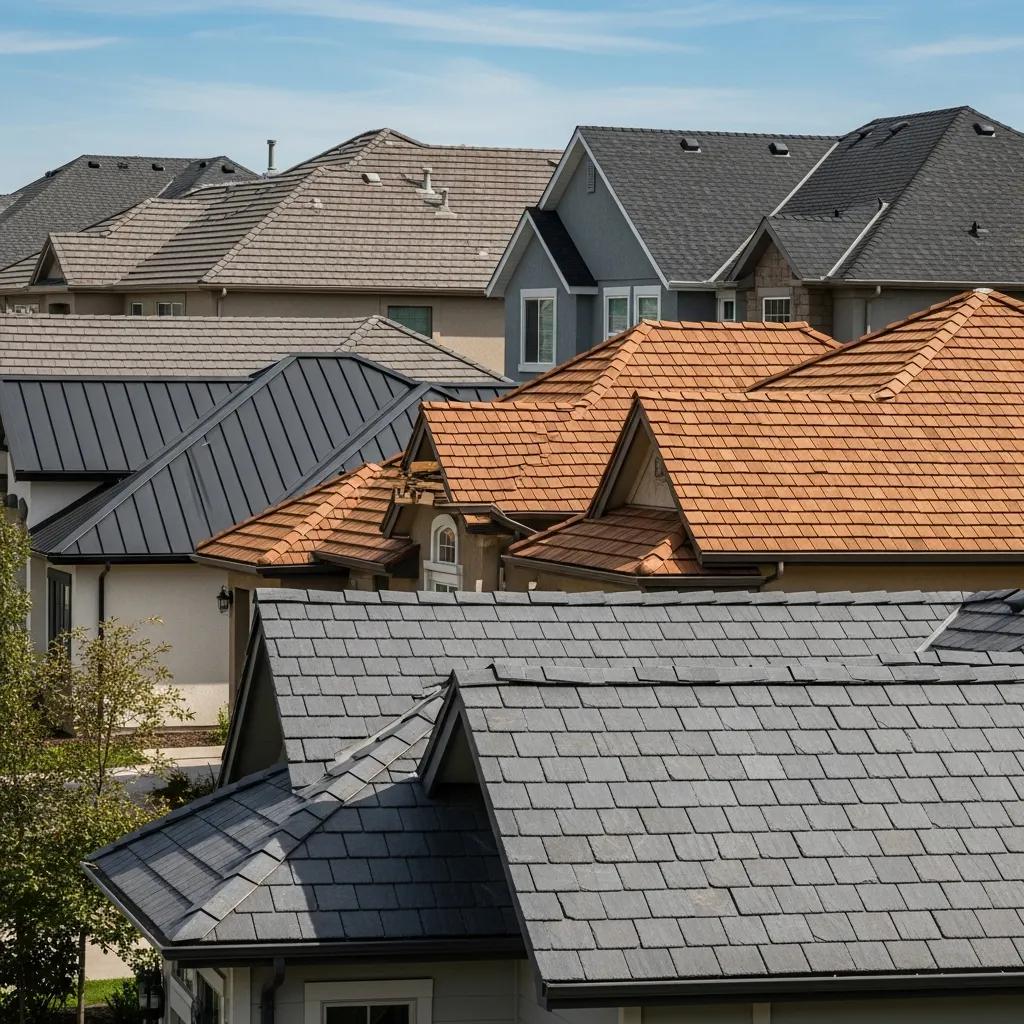 Diverse roofing materials displayed on various homes in a suburban setting