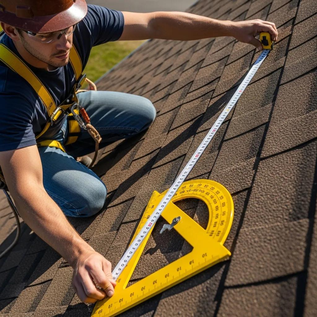 Professional measuring roof pitch with tools on a sloped roof