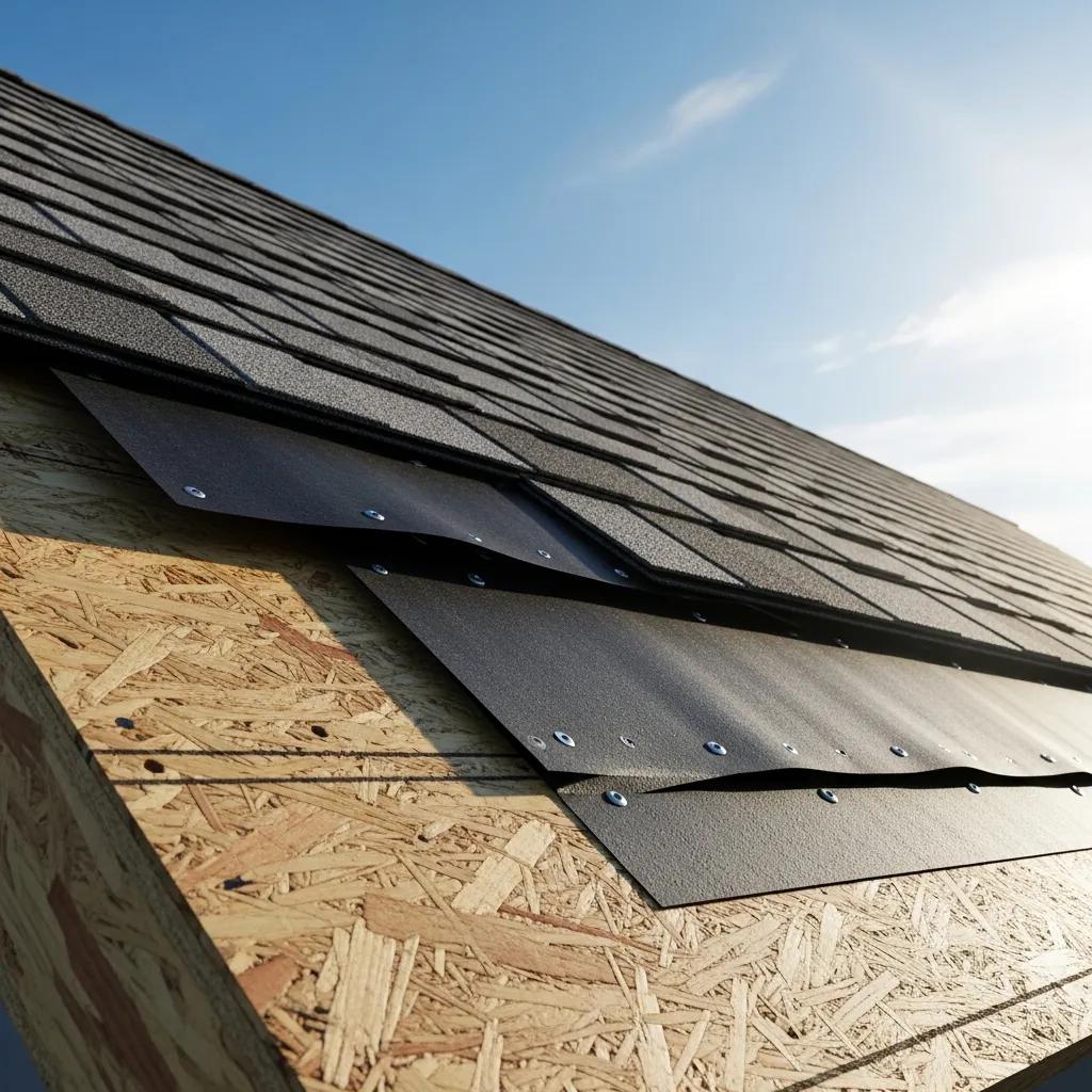 Cutaway view of residential roof layers: shingles, underlayment, and decking