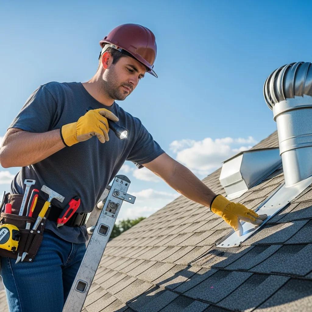 Roofing professional inspecting shingles and flashing on a Minneapolis home